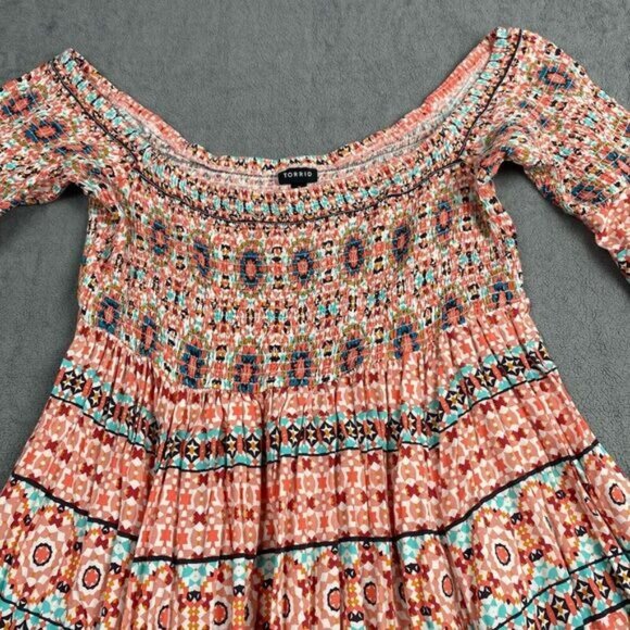 Torrid Size 2 Mini Dress With Smocking Bell Sleeves Tags Geometric,Casual.Beach - Picture 11 of 14